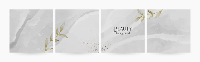 Elegant gray watercolor backgrounds with gold leafy branches. Social media post templates for jewelry, makeup, beauty