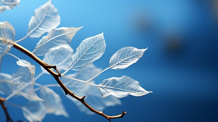 Beautiful white skeletonized leaf on light blue background with round bokeh, Transparent skeleton leaf, skeleton leaves on blurred background closeup 