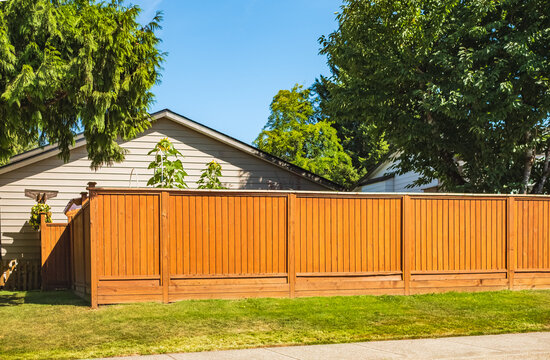 Nice new wooden fence around house. Wooden fence with green lawn in a sunny summer day. Street photo