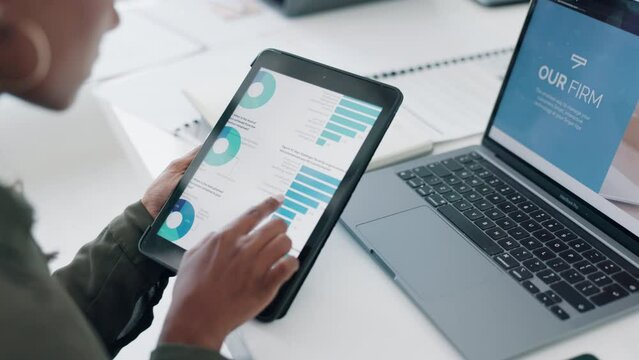 Hands, tablet and woman with seo, analysis and monitor progress with chart, click or data on screen. Person, scroll and digital touchscreen ux for graph, information and innovation with tech at desk