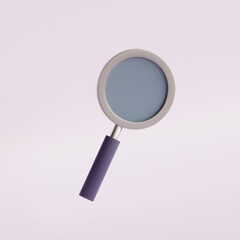 Magnifying glass 3d icon in cartoon style.  Discovery, research, search, analysis concept. Rendering illustration