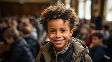 Fototapeta na wymiar Young handsome African American boy student at school - Generative AI.