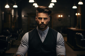 Handsome man portrait. Young bearded man in a barbershop. AI generated