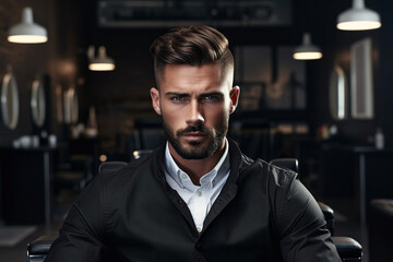 Handsome man portrait. Young bearded man in a barbershop. AI generated - 636464408