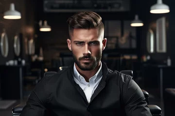 Fotobehang Handsome man portrait. Young bearded man in a barbershop. AI generated © tiena