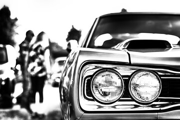 High contrast black and white image of classic muscle car at automotive show.