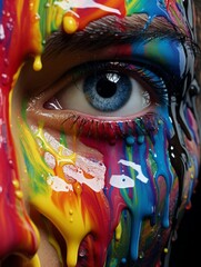 Close up portrait of  females face covered with rainbow colors paint