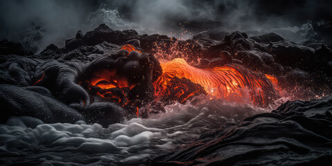 Detailed view of an active lava flow, hot magma emerges from a crack in the earth, the glowing lava appears in strong yellows and reds. lava ocean entry in the morning. Post-processed generative AI