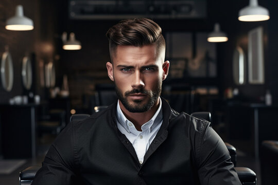 Handsome man portrait. Young bearded man in a barbershop. AI generated