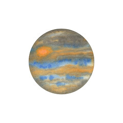 Cartoon of planet Jupiter, solar system planets. Science and education. Watercolor illustration isolated on white background.