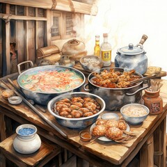 Illustrated traditional Taiwanese cuisine in the style of watercolor, with vibrant colors and detailed illustrations. Experience the culture of Taiwan through its food!”