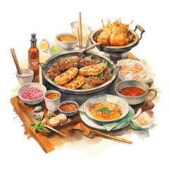 A beautiful watercolor illustration of Malaysian traditional cuisine, featuring local delicacies and iconic dishes. Perfect for adding a unique touch to your home or office decor! Experience the