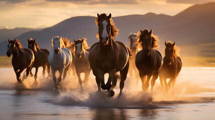 group of horses running in the sunset
