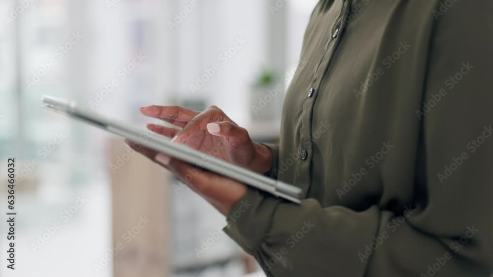Poster tablet, search and hands of employee typing online email or social media browsing on an app in offic