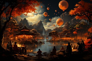Mid Autumn Festival, festivals of the peoples of East and Southeast Asia. moon goddess Chang'e. lanterns and moon gingerbread men. - obrazy, fototapety, plakaty