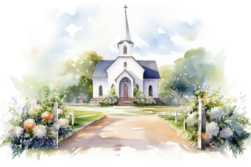 Watercolor Catholic Church Painting on White, wedding Clip art. - obrazy, fototapety, plakaty