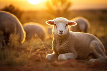 Beautiful Portrait of Little Lamb Resting on Grass at Sunset