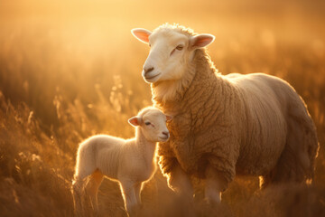 Naklejka premium Beautiful Portrait of Little Lamb with Mother at Sunset