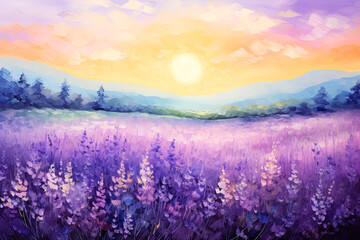 Bright Purple Field of Lavender at Sunset in Provence, Brush Strokes Acrylic Painting. Canvas Texture.