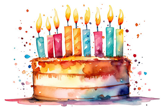 Watercolor Birthday Cake with Nine Candles Isolated on White Background. Birthday Celebration Cake