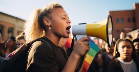 LGBTQ+ activist speaking fervently at a rally. - obrazy, fototapety, plakaty