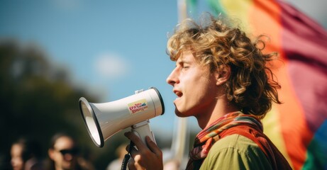 LGBTQ+ activist speaking fervently at a rally. - obrazy, fototapety, plakaty