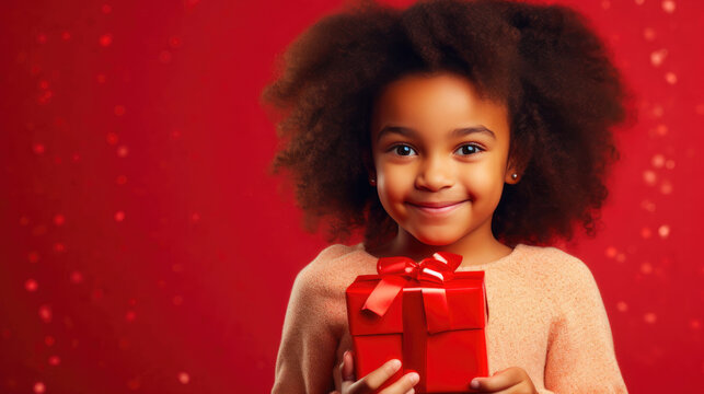 Joyful Multiracial Girl Embracing a Present by the Festive Tree