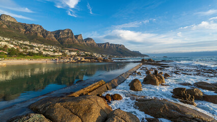 Camps Bay tidal pool with the Twelve Apostles in the background, Cape town, South Africa