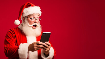 Surprised Santa Claus looks at phone at his hands on a red background with a place for text. AI generated