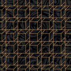 modern golden cube grid with white and black wave effect seamless pattern