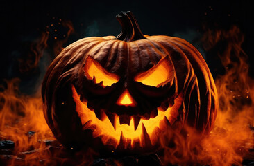 Fototapeta premium Halloween night. Candle lit Halloween Pumpkins. Halloween Backdrop with spooky pumpkins. Post-processed generative AI