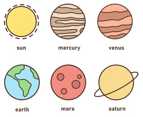 Solar system cartoon planets set. Set of sun, mercury, venus, earth, mars and saturn.