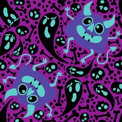 Halloween monsters seamless pumpkins and ghost and bones pattern for wrapping paper and fabrics and linens