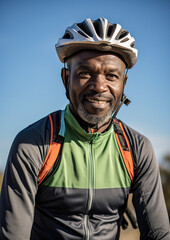 Obraz premium African American man in cycling helmet. Bicycle rider, outdoor closeup portrait. Generative AI
