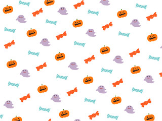 ハロウィンのかぼちゃとおばけとキャンディーの手描き風かわいい壁紙イラスト	