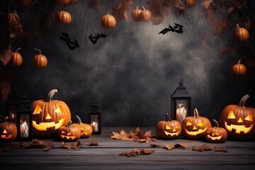 halloween decorations, pumpkins and autumn leaves on wooden floor, generative ai