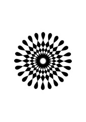 rosette aus rotationssymmetrisch und strahlenförmig angeordneten tropfenförmigen und rautenförmigen schwarzen elementen