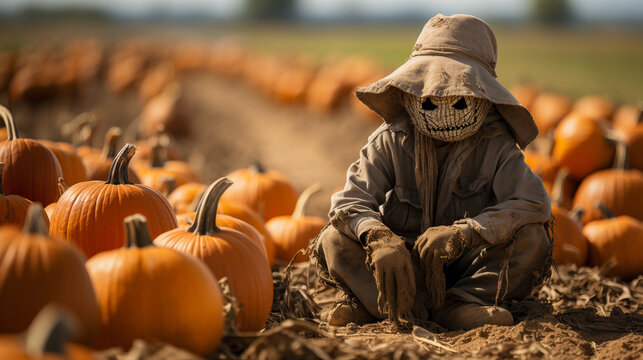 Spooky Halloween scarecrow figure amidst the pumpkins in the field - Generative AI.