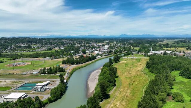 Ferndale From Above Nooksack River Past Farms Into City Downtown