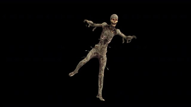 Seamless animation of a mummy swing dancing isolated with alpha channel. Funny cartoon character for Halloween background.