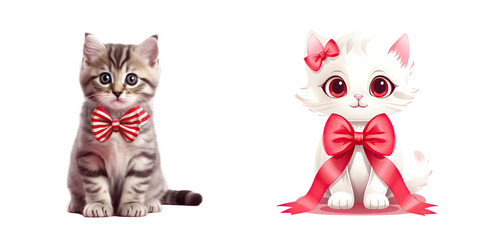 Adorable cat with red ribbon and heart design against transparent background