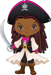 Cute African American Pirate Girl Holding Sword