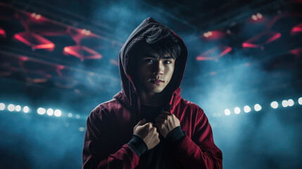 Fototapeta na wymiar Asian young man posing against arena, Volumetric lighting, smiling, Generative AI