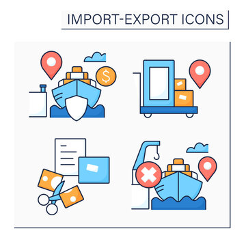 Import and export color icons set.Declare, free alongside ship, cost, insurance and freight, cargo.International trade concept. Isolated vector illustrations