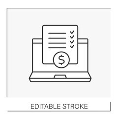 Document line icon.Checklist prepared on laptop. Contract concept. Isolated vector illustration. Editable stroke