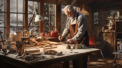 carpenter in his wood workshop