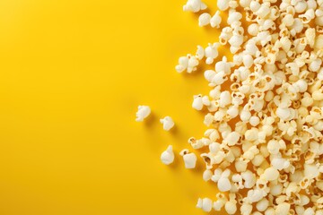 Popcorn on a yellow background. Top view. Copy space.