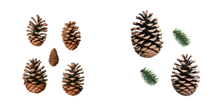 Winter holiday concept with pine cone decorations on transparent background