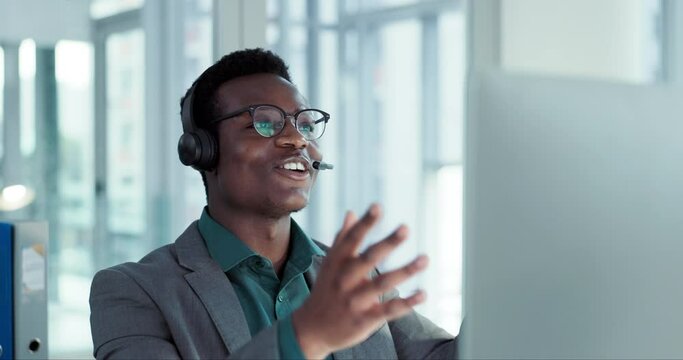 Help desk, smile and black man at computer, consulting and advice at telemarketing callcenter. Phone, conversation and happy call center sales consultant with headset, support and talking in office.