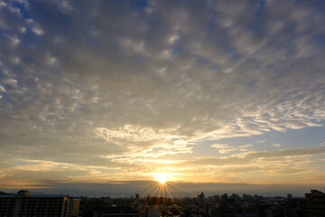 都市の夜明け。東の空が明るくなり雲がまだ昇る前の太陽に照らせら美しいグラデーションを見せる。神戸市内から大阪方面を臨む。